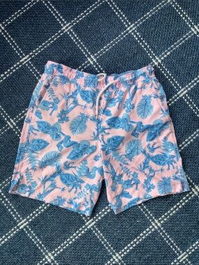 Peter Millar Pink and Blue Tropical Flamingo Swim Trunks - Kids